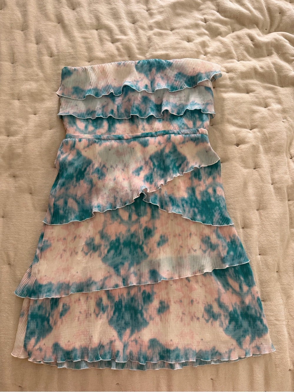 Spell Blue and Pink Tie-Dye Ruffle Strapless Dress